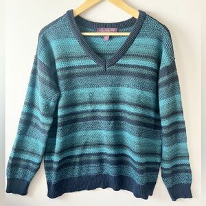 Gloria Vanderbilt Blue Striped V-Neck Sweater Size Large Multicolor Blue Retro